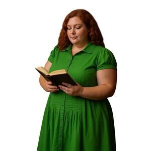 Perceptions Green Pleated Puff Sleeve button front knee length Dress 12 artsy